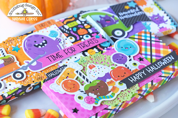 doodlebug design, doodlebug paper, doodlebug monster madness, doodlebug halloween, candy treat ideas, scrapbook ideas, halloween party, jaded blossom candy bar wrapper, candy bar ideas, halloween fun projects, monsters inc, monster madness, a blog called wanda, wanda guess, doodlebug design team