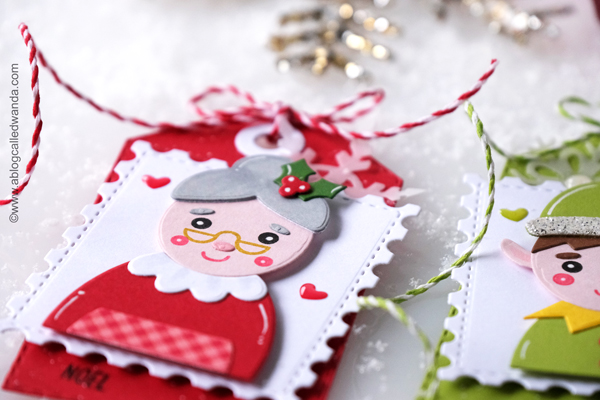 taylored expressions holiday squad, taylored expressions postage stamp stacklets, taylored expressions noel stamp and stencil, stencils, blender brushes, glitter paste, tags, christmas, holiday, elf, santa, mrs claus, make your own christmas tags, christmas cards, stencils with distress ink, blender brushes, classic christmas cards, card ideas, tag ideas, wanda guess, a blog called wanda