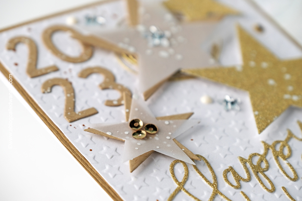 papercrafting, card ideas, card layouts, handmade cards, make your own new year cards, embossing folder, dies, stars, pretty pink posh, taylored expressions, hero arts, 2023 card, new years card ideas, scrapbooking, wanda guess, a blog called wanda