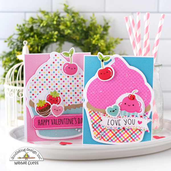 doodlebug, doodlebug paper, doodlebug lots of love collection, doodlebug valentines day, sunny studio cupcake dies, handmade valentines, diy valentine, valentine cards, cupcake cards, fun, party, invitation, stickers, make your own, sunny studio, wanda guess, a blog called wanda