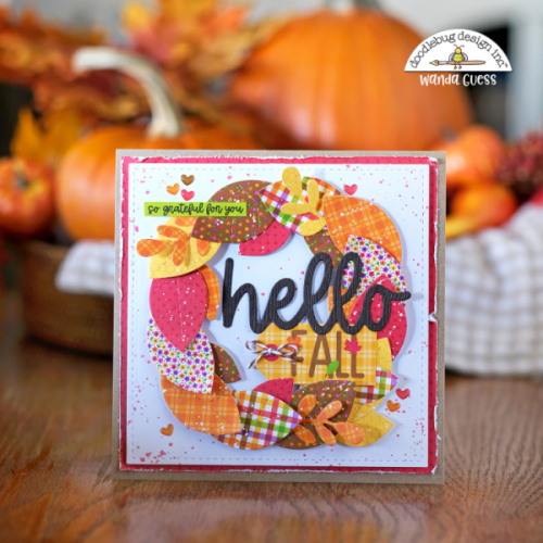 doodlebug, doodlebug design, doodlebug fall, autumn, doodlebug farmers market, doodlebug hello fall dies, wreath card, fall wreath, handmade cards, scrapbooking ideas, card layout ideas, fall cards, thanksgiving cards, thankful, grateful, wanda guess, a blog called wanda