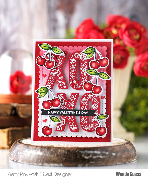 pretty pink posh stamps and dies, pretty pink posh valentines, pretty pink posh sweet cherries, pretty pink posh xoxo, valentine cards, copic markers, diy, handmade valentines, new release, distress oxide blending, wanda guess, a blog called wanda