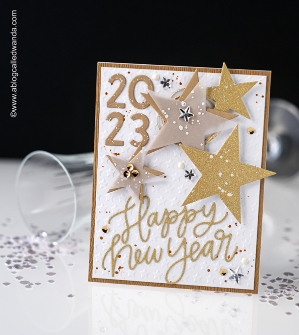 papercrafting, card ideas, card layouts, handmade cards, make your own new year cards, embossing folder, dies, stars, pretty pink posh, taylored expressions, hero arts, 2023 card, new years card ideas, scrapbooking, wanda guess, a blog called wanda