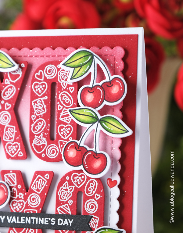 pretty pink posh stamps and dies, pretty pink posh valentines, pretty pink posh sweet cherries, pretty pink posh xoxo, valentine cards, copic markers, diy, handmade valentines, new release, distress oxide blending, wanda guess, a blog called wanda