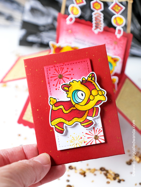 lunar new year, chinese new year, year of the rabbit, chinese new year card, card ideas, lunar new year card, year of the rabbit card, mama elephant lion dance stamp set, mama elephant stamps, copic markers, handmade card, red envelope, make your own red envelope, happy new year, 2023 year of the rabbit, wanda guess, a blog called wanda