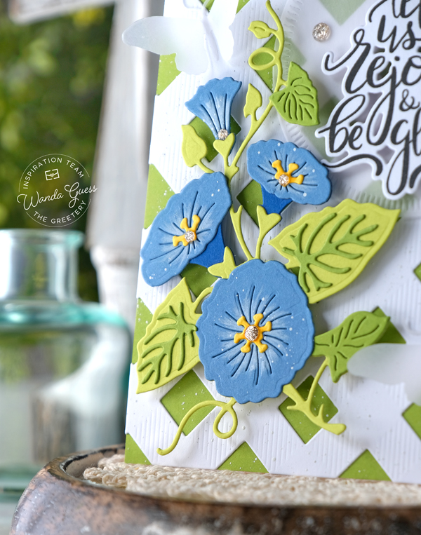 the greetery, the greetery new release, the greetery new beginnings, the greetery ribbon maker, the greetery curio, the greetery feather, the greetery morning glory, the greetery spring meadow, the greetery spring sprays, stencils, stamps and dies, easter, diy, handmade, easter cards, spring, wanda guess, a blog called wanda