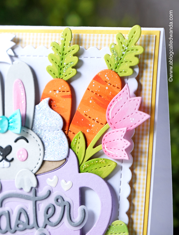 Pretty Pink Posh, pretty pink posh new release, pretty pink posh easter, stamps and dies, stencils, easter, spring, bunny, easter bunny, mug, spring foliage dies, spring chicks stamp set, pretty pink posh scallop box card, pop up card, easter ideas, easter mug additions, leafy spring wreath, handmade, diy, copic coloring, wanda guess, a blog called wanda