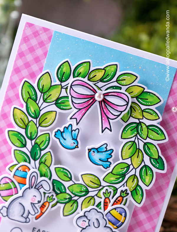 pretty pink posh, pretty pink posh stamps and dies, pretty pink posh easter, spring, easter card, leafy spring wreath, copics, easter sentiments, make your own easter card, diy, handmade, copic markers, gingham, stamps and dies, wanda guess, a blog called wanda