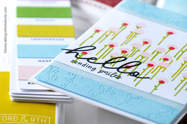 concord and 9th, concord & 9th, concord and 9th new colors, concord and 9th swatches, concord and 9th mod turnabout, concord and 9th triple step posy, card ideas, fun colors, cardmaking, stamping, stenciling, stitched vines die, turnabout stamps, big hugs die, just say more dies, wanda guess, a blog called wanda