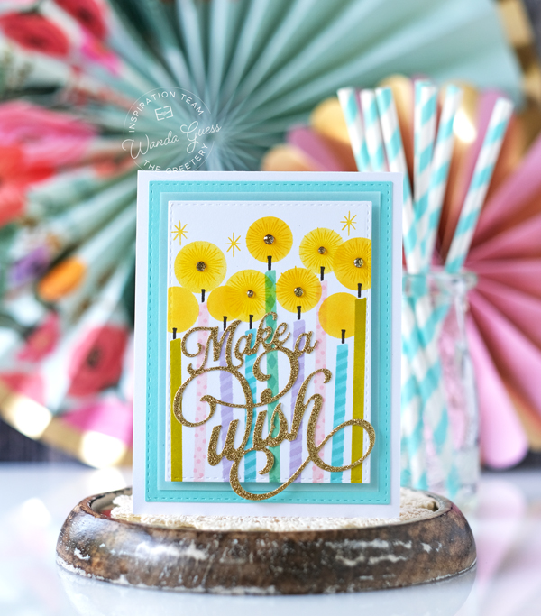 the greetery, the greetery new release, the greetery hip hip hooray, the greetery stamps and dies, the greetery birthday ideas, birthday cards, card layouts, card sketches, stencils, stamps, candles, make a wish, tear strip banners, the greetery all aglow, the greetery pinwheel party, wanda guess, a blog called wanda