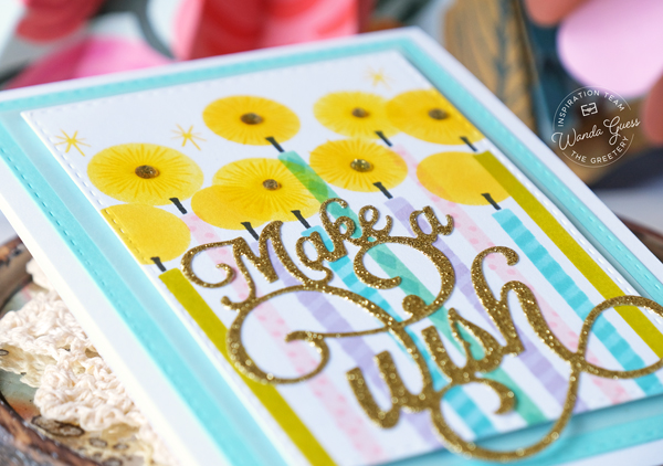 the greetery, the greetery new release, the greetery hip hip hooray, the greetery stamps and dies, the greetery birthday ideas, birthday cards, card layouts, card sketches, stencils, stamps, candles, make a wish, tear strip banners, the greetery all aglow, the greetery pinwheel party, wanda guess, a blog called wanda