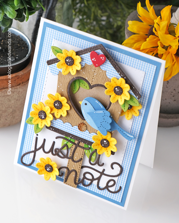 pretty pink posh, pretty pink posh new release, pretty pink posh stamps and dies, blog hop, just a note script die, spring foliage dies, Decorative Birdhouse pretty pink posh, Stiched birds dies, card ideas, handmade cards, stamping ideas, wanda guess, a blog called wanda