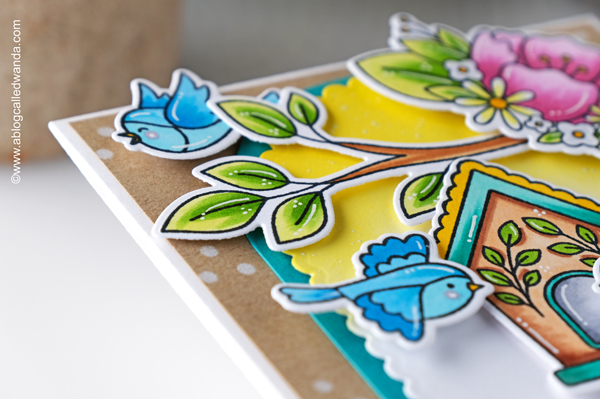 a blog called wanda, bird card, card ideas stamping, copic markers, diy, handmade cards, new release, paper crafting, pretty pink posh, pretty pink posh floral corners, pretty pink posh stamps and dies, pretty pink posh stencils, Spring birdhouses, summer card, wanda guess