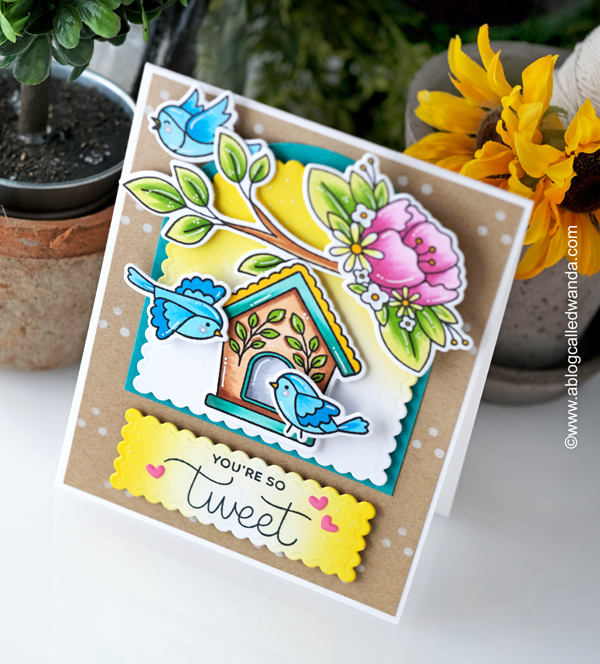 a blog called wanda, bird card, card ideas stamping, copic markers, diy, handmade cards, new release, paper crafting, pretty pink posh, pretty pink posh floral corners, pretty pink posh stamps and dies, pretty pink posh stencils, Spring birdhouses, summer card, wanda guess