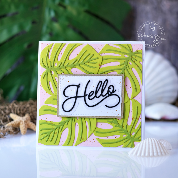 the greetery, the greetery stamps and dies, the greetery urban jungle, the greetery new release, cardmaking, handmade cards, stamps and dies, wanda guess, a blog called wanda, the greetery hibiscus dies, the greetery modern planters, the greetery woven cane background die, the greetery monstera die, tropical cards