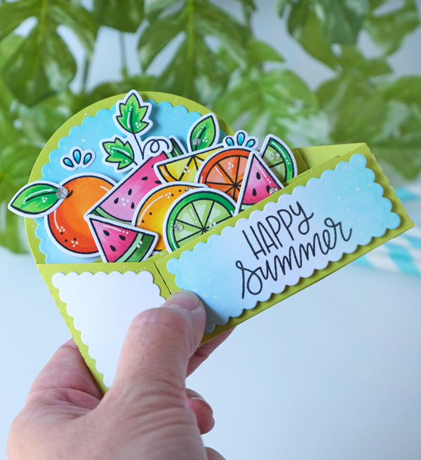 pretty pink posh, pretty pink posh stamps and dies, fruit cards, copic markers, card making ideas, wanda guess, a blog called wanda, summer crafts, diy cards, pop up card, pretty pink posh watermelon stamps, pretty pink posh citrus stencil, citrus stamps, pretty pink posh mini scallop card, sweet cherries, ink blending gingham, doodlebug paper