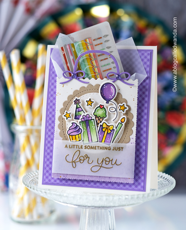 pretty pink posh, pretty pink posh new release, pretty pink posh birthday release, pretty pink posh stamps and dies, birthday card, gift card holder, diy cards, die cuts, birthday sentiments stamp set, pretty pink posh gift card bag die, wish stamp set, purple, make your own birthday card, copic coloring, vellum, birthday card ideas witt stamping, card making, wanda guess, a blog called wanda