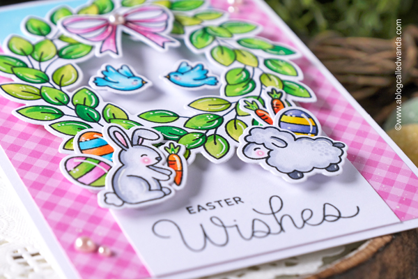 pretty pink posh, pretty pink posh stamps and dies, pretty pink posh easter, spring, easter card, leafy spring wreath, copics, easter sentiments, make your own easter card, diy, handmade, copic markers, gingham, stamps and dies, wanda guess, a blog called wanda