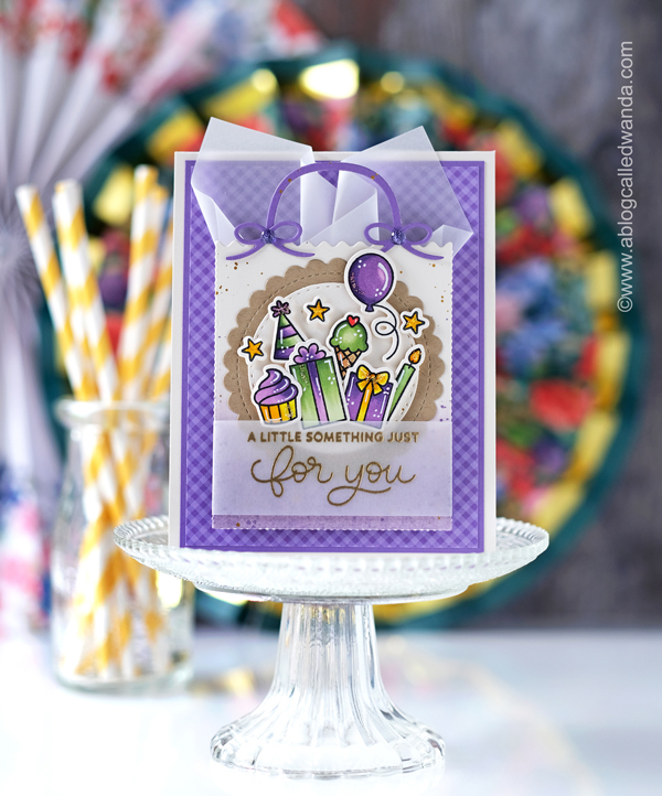 a blog called wanda, birthday card, birthday card ideas witt stamping, birthday sentiments stamp set, card making, copic coloring, die cuts, diy cards, gift card holder, make your own birthday card, pretty pink posh, pretty pink posh birthday release, pretty pink posh gift card bag die, pretty pink posh new release, pretty pink posh stamps and dies, purple, vellum, wanda guess, wish stamp set