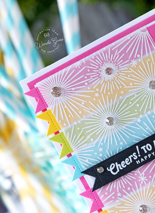 the greetery, the greetery new release, the greetery hip hip hooray, the greetery stamps and dies, the greetery birthday ideas, birthday cards, card layouts, card sketches, stencils, stamps, candles, make a wish, tear strip banners, the greetery all aglow, the greetery pinwheel party, wanda guess, a blog called wanda