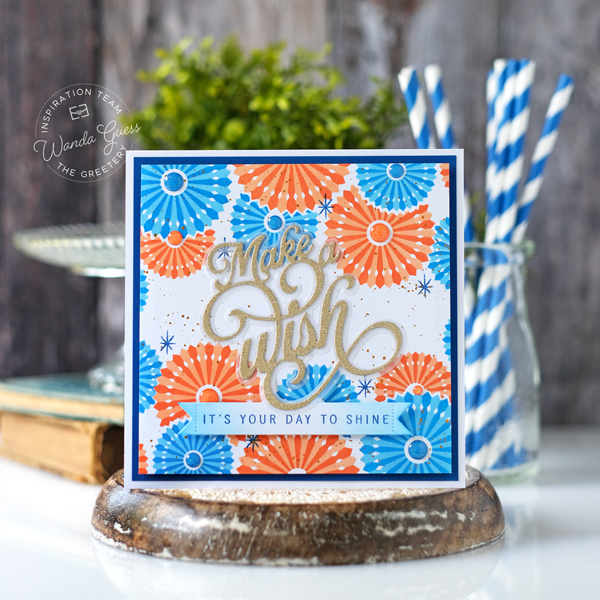 a blog called wanda, birthday cards, candles, card layouts, card sketches, make a wish, stamps, stencils, tear strip banners, the greetery, the greetery all aglow, the greetery birthday ideas, the greetery hip hip hooray, the greetery new release, the greetery pinwheel party, the greetery stamps and dies, wanda guess