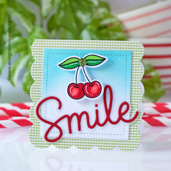 pretty pink posh, pretty pink posh stamps and dies, fruit cards, copic markers, card making ideas, wanda guess, a blog called wanda, summer crafts, diy cards, pop up card, pretty pink posh watermelon stamps, pretty pink posh citrus stencil, citrus stamps, pretty pink posh mini scallop card, sweet cherries, ink blending gingham, doodlebug paper