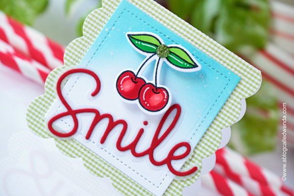 pretty pink posh, pretty pink posh stamps and dies, fruit cards, copic markers, card making ideas, wanda guess, a blog called wanda, summer crafts, diy cards, pop up card, pretty pink posh watermelon stamps, pretty pink posh citrus stencil, citrus stamps, pretty pink posh mini scallop card, sweet cherries, ink blending gingham, doodlebug paper