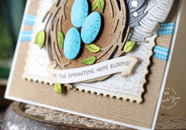 the greetery, the greetery new release, the greetery new beginnings, the greetery ribbon maker, the greetery curio, the greetery feather, the greetery morning glory, the greetery spring meadow, the greetery spring sprays, stencils, stamps and dies, easter, diy, handmade, easter cards, spring, wanda guess, a blog called wanda