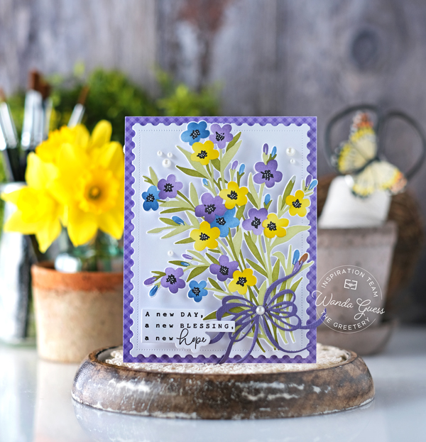 the greetery, the greetery new release, the greetery new beginnings, the greetery ribbon maker, the greetery curio, the greetery feather, the greetery morning glory, the greetery spring meadow, the greetery spring sprays, stencils, stamps and dies, easter, diy, handmade, easter cards, spring, wanda guess, a blog called wanda