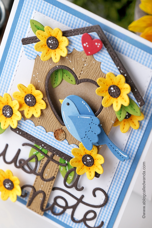 pretty pink posh, pretty pink posh new release, pretty pink posh stamps and dies, blog hop, just a note script die, spring foliage dies, Decorative Birdhouse pretty pink posh, Stiched birds dies, card ideas, handmade cards, stamping ideas, wanda guess, a blog called wanda