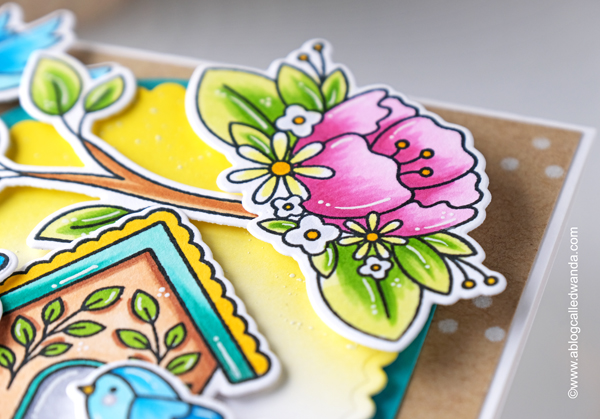 a blog called wanda, bird card, card ideas stamping, copic markers, diy, handmade cards, new release, paper crafting, pretty pink posh, pretty pink posh floral corners, pretty pink posh stamps and dies, pretty pink posh stencils, Spring birdhouses, summer card, wanda guess