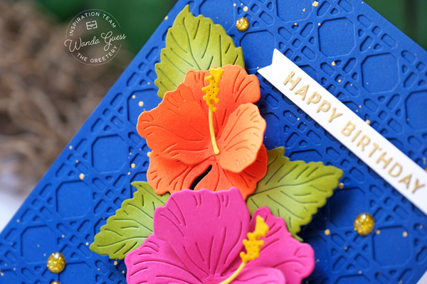 the greetery, the greetery stamps and dies, the greetery urban jungle, the greetery new release, cardmaking, handmade cards, stamps and dies, wanda guess, a blog called wanda, the greetery hibiscus dies, the greetery modern planters, the greetery woven cane background die, the greetery monstera die, tropical cards