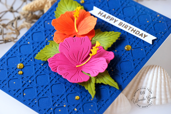 the greetery, the greetery stamps and dies, the greetery urban jungle, the greetery new release, cardmaking, handmade cards, stamps and dies, wanda guess, a blog called wanda, the greetery hibiscus dies, the greetery modern planters, the greetery woven cane background die, the greetery monstera die, tropical cards