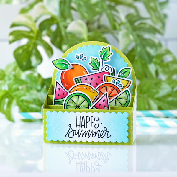 pretty pink posh, pretty pink posh stamps and dies, fruit cards, copic markers, card making ideas, wanda guess, a blog called wanda, summer crafts, diy cards, pop up card, pretty pink posh watermelon stamps, pretty pink posh citrus stencil, citrus stamps, pretty pink posh mini scallop card, sweet cherries, ink blending gingham, doodlebug paper