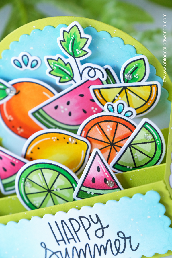 pretty pink posh, pretty pink posh stamps and dies, fruit cards, copic markers, card making ideas, wanda guess, a blog called wanda, summer crafts, diy cards, pop up card, pretty pink posh watermelon stamps, pretty pink posh citrus stencil, citrus stamps, pretty pink posh mini scallop card, sweet cherries, ink blending gingham, doodlebug paper