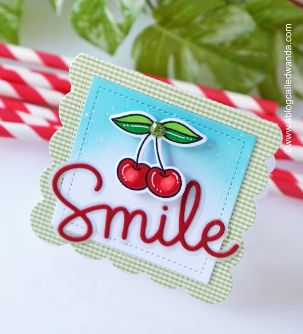 pretty pink posh, pretty pink posh stamps and dies, fruit cards, copic markers, card making ideas, wanda guess, a blog called wanda, summer crafts, diy cards, pop up card, pretty pink posh watermelon stamps, pretty pink posh citrus stencil, citrus stamps, pretty pink posh mini scallop card, sweet cherries, ink blending gingham, doodlebug paper