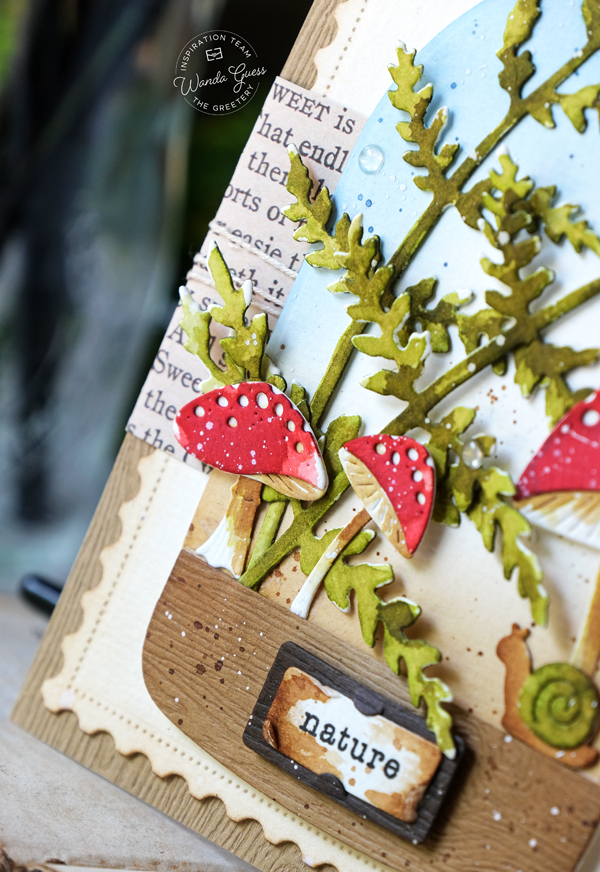 the greetery, the greetery blog, the greetery stamps and dies, the greetery toadstools, the greetery fern, the greetery arches, the greetery curio, watercolor, terrarium, cloche, mushrooms, handmade card, watercolor die cuts, vintage, distress ink, distress ink blending, the greetery design team, wanda guess, a blog called wanda