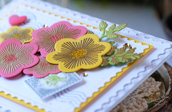 the greetery, the greetery handiwork collection, the greetery stamps and dies, the greetery hoopla, embroidery hoop, the greetery honey bees, the greetery embroidered blooms, the greetery floral sampler, the greetery aida, the greetery cards, handmade cards, card ideas, embossing, stitched scallop notecard, wanda guess, a blog called wanda