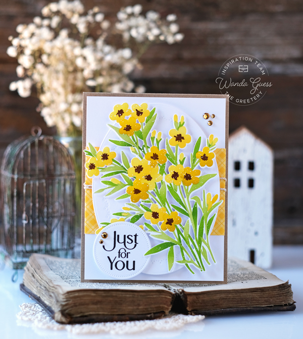 the greetery, the greetery stamps and dies, the greetery spring meadow, stencils, the greetery sentiment suite, the greetery card ideas, flowers, handmade cards, card layout ideas, wanda guess, a blog called wanda