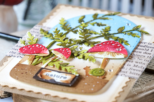 the greetery, the greetery blog, the greetery stamps and dies, the greetery toadstools, the greetery fern, the greetery arches, the greetery curio, watercolor, terrarium, cloche, mushrooms, handmade card, watercolor die cuts, vintage, distress ink, distress ink blending, the greetery design team, wanda guess, a blog called wanda