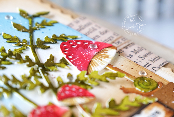 the greetery, the greetery blog, the greetery stamps and dies, the greetery toadstools, the greetery fern, the greetery arches, the greetery curio, watercolor, terrarium, cloche, mushrooms, handmade card, watercolor die cuts, vintage, distress ink, distress ink blending, the greetery design team, wanda guess, a blog called wanda