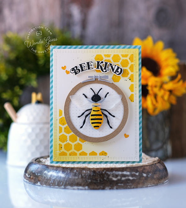 the greetery, the greetery handiwork collection, the greetery stamps and dies, the greetery hoopla, embroidery hoop, the greetery honey bees, the greetery embroidered blooms, the greetery floral sampler, the greetery aida, the greetery cards, handmade cards, card ideas, embossing, stitched scallop notecard, wanda guess, a blog called wanda