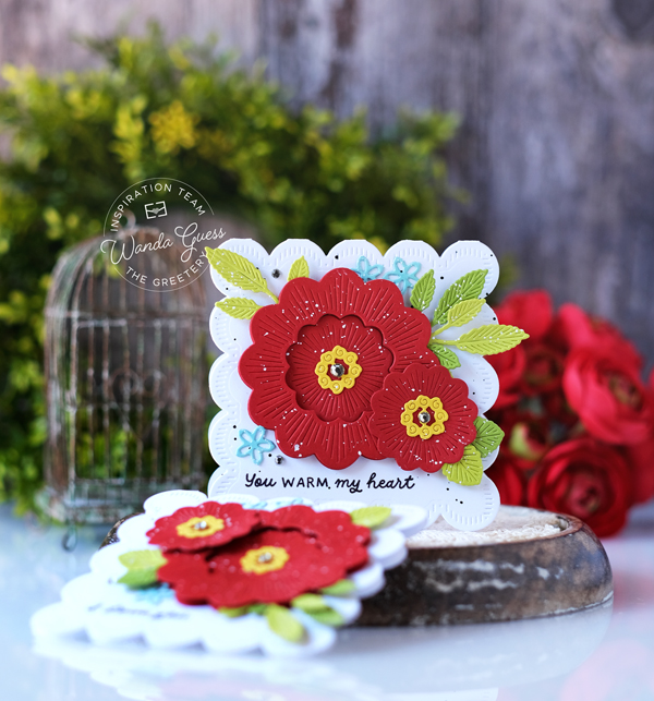 the greetery, the greetery handiwork collection, the greetery stamps and dies, the greetery hoopla, embroidery hoop, the greetery honey bees, the greetery embroidered blooms, the greetery floral sampler, the greetery aida, the greetery cards, handmade cards, card ideas, embossing, stitched scallop notecard, wanda guess, a blog called wanda