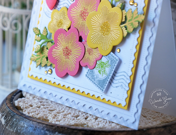 the greetery, the greetery handiwork collection, the greetery stamps and dies, the greetery hoopla, embroidery hoop, the greetery honey bees, the greetery embroidered blooms, the greetery floral sampler, the greetery aida, the greetery cards, handmade cards, card ideas, embossing, stitched scallop notecard, wanda guess, a blog called wanda