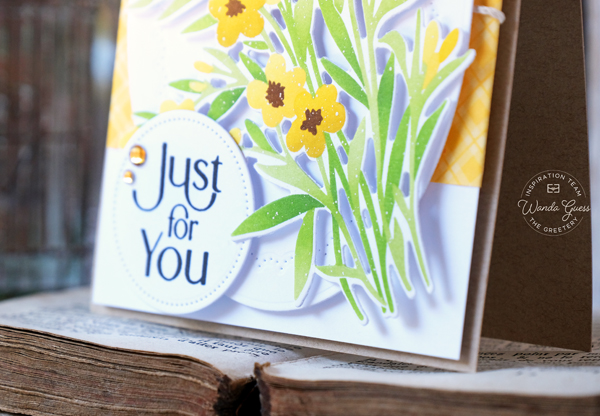 the greetery, the greetery stamps and dies, the greetery spring meadow, stencils, the greetery sentiment suite, the greetery card ideas, flowers, handmade cards, card layout ideas, wanda guess, a blog called wanda