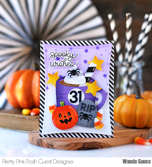 pretty pink posh, pretty pink posh stamps and dies, pretty pink posh mug, pretty pink posh halloween, halloween card, ghost friends, halloween crafts, halloween ideas, card layouts, wanda guess, a blog called wanda, ink blending distress inks, stencils