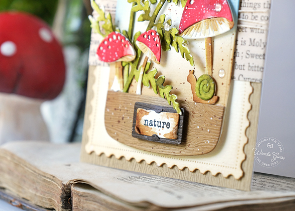 the greetery, the greetery blog, the greetery stamps and dies, the greetery toadstools, the greetery fern, the greetery arches, the greetery curio, watercolor, terrarium, cloche, mushrooms, handmade card, watercolor die cuts, vintage, distress ink, distress ink blending, the greetery design team, wanda guess, a blog called wanda