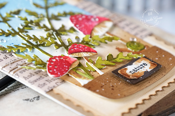 the greetery, the greetery blog, the greetery stamps and dies, the greetery toadstools, the greetery fern, the greetery arches, the greetery curio, watercolor, terrarium, cloche, mushrooms, handmade card, watercolor die cuts, vintage, distress ink, distress ink blending, the greetery design team, wanda guess, a blog called wanda