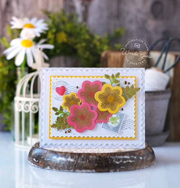the greetery, the greetery handiwork collection, the greetery stamps and dies, the greetery hoopla, embroidery hoop, the greetery honey bees, the greetery embroidered blooms, the greetery floral sampler, the greetery aida, the greetery cards, handmade cards, card ideas, embossing, stitched scallop notecard, wanda guess, a blog called wanda