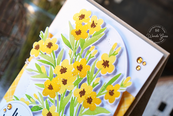 the greetery, the greetery stamps and dies, the greetery spring meadow, stencils, the greetery sentiment suite, the greetery card ideas, flowers, handmade cards, card layout ideas, wanda guess, a blog called wanda